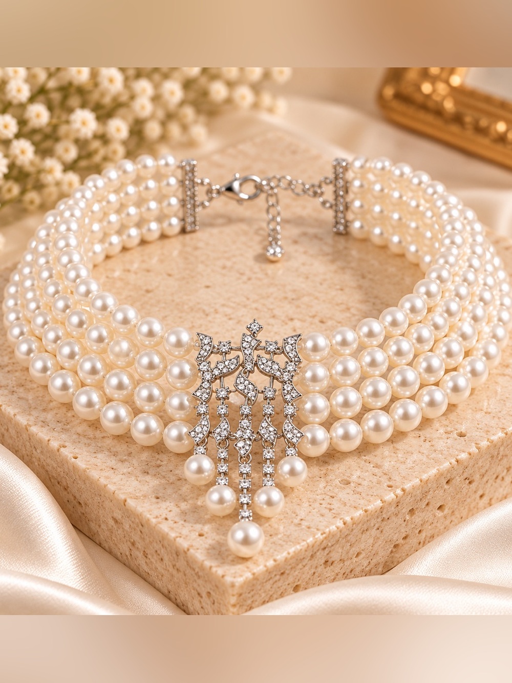 Multi-Strand Faux Pearl Statement Necklace with Crystal Tassel Centerpiece